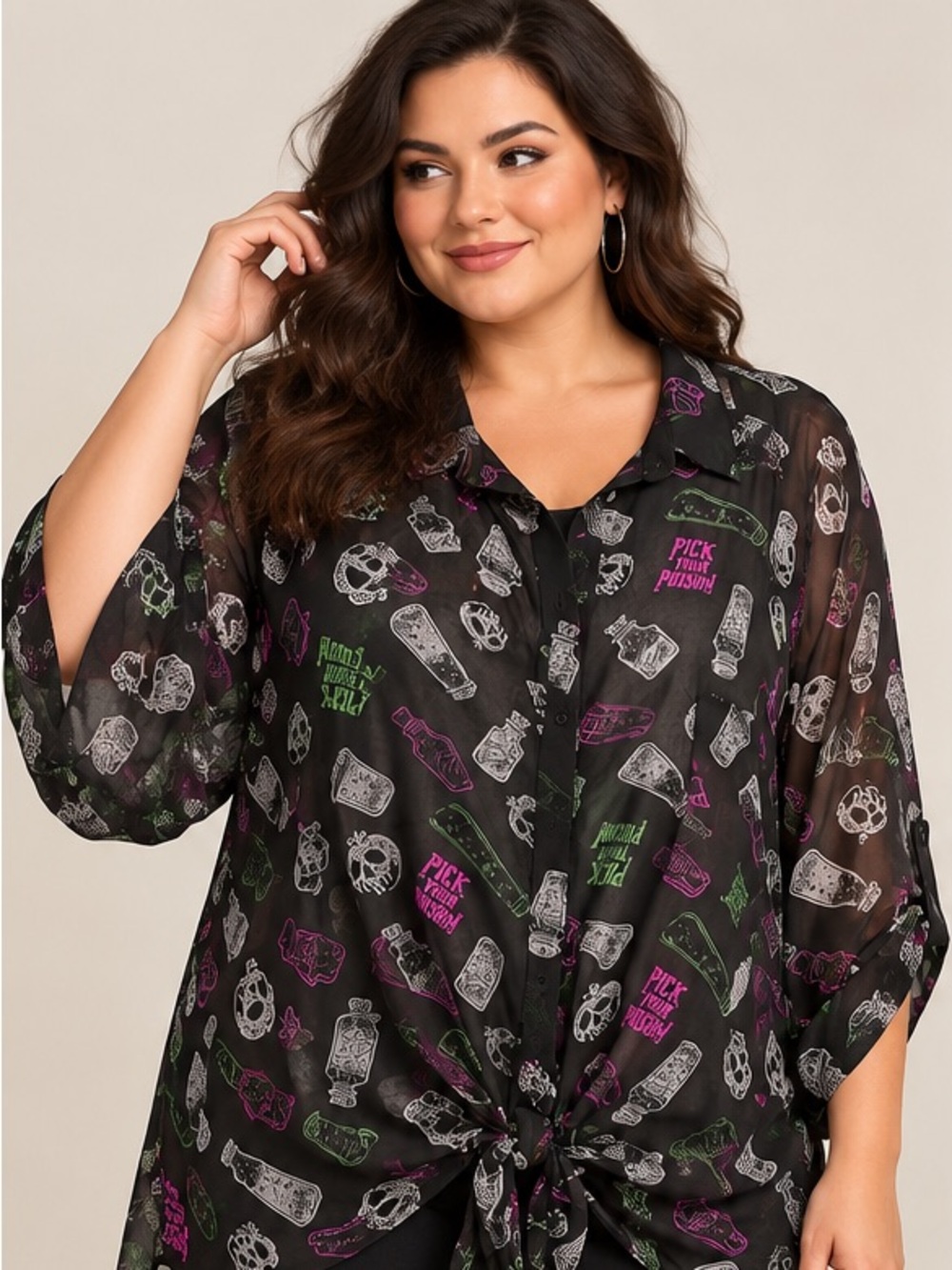 Disney Villains Pick Your Poison Button-Front Blouse 3/4 sleeve